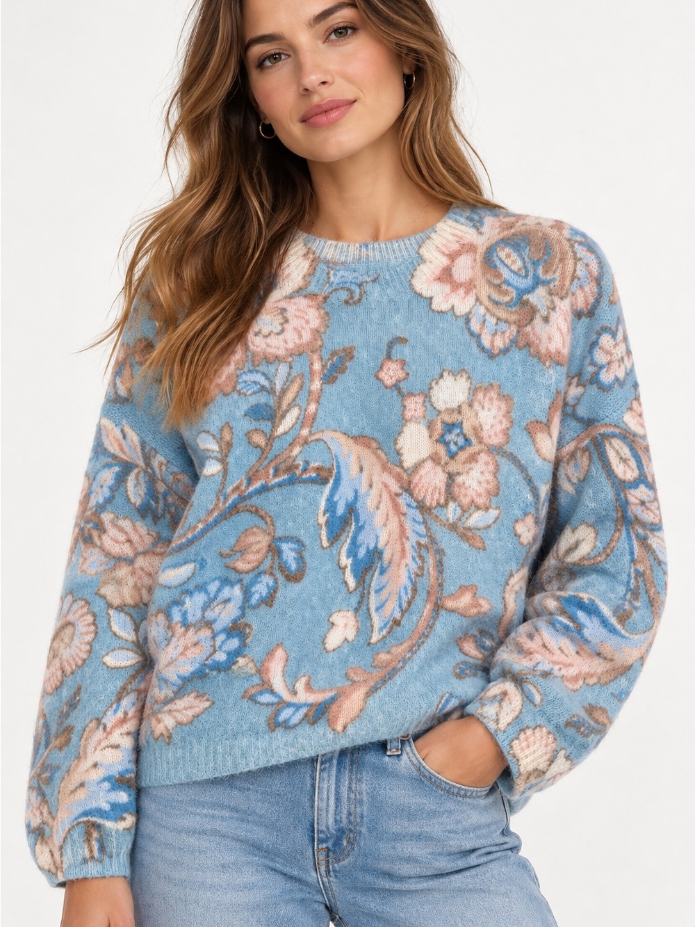 Sezane Powder Blue Floral Crewneck Sweater